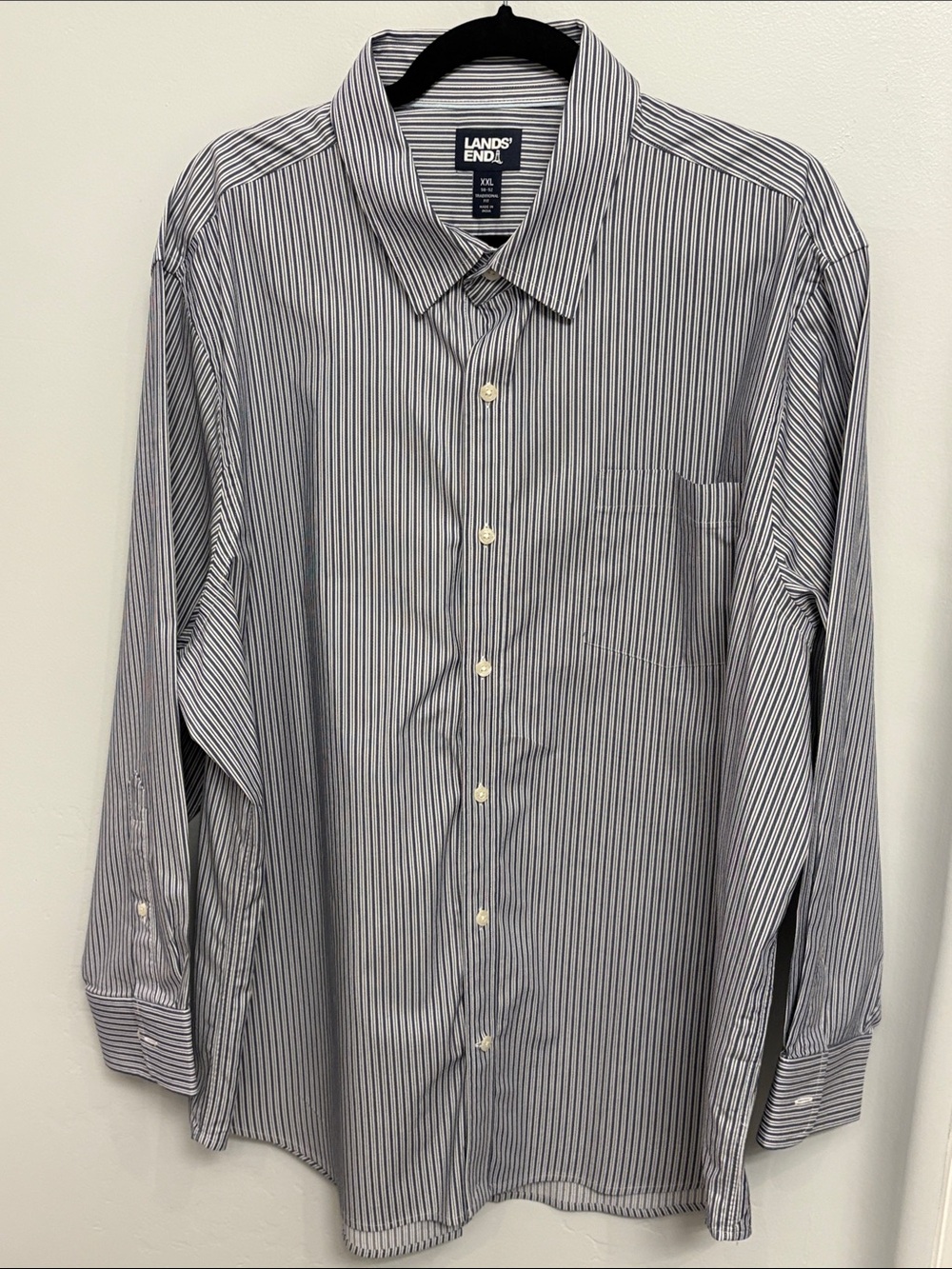 Lands' End Men's Navy and White Pinstripe Dress Shirt